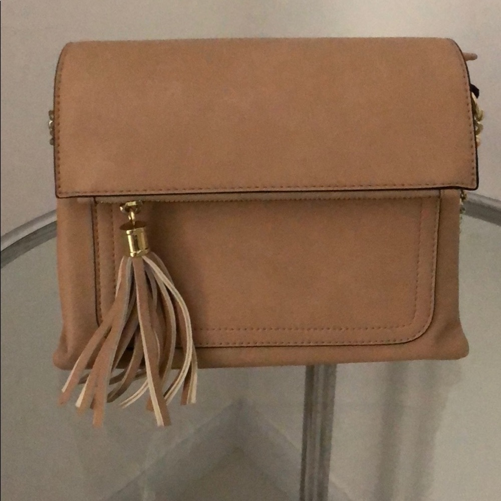 Max studio beige leather strap purse with tassel
